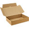 Offener, flacher Versandkarton aus brauner Wellpappe vor neutralem Hintergrund.