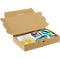 Offene braune Pappschachtel mit Permanentmarkern und Textmarkern in durchsichtigen Folienverpackungen.