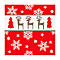 Motif avec des rennes, des sapins de Noël, des flocons de neige et des étoiles sur fond rouge.