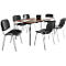 Table de conférence avec six chaises noires, sur fond blanc. Sur la table se trouvent des bouteilles d'eau et un bloc-notes.