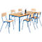 Set avantageux : 6 chaises en bois et 1 table 1600 x 800 mm, hêtre, piétement des chaises et de la table en bleu