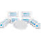 Plusieurs masques de protection, pansements et lingettes désinfectantes reposent sur un fond blanc. Les étiquettes sont partiellement reconnaissables.