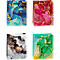 Quatre sacs cadeaux aux motifs marbrés colorés : bleu, rouge, gris et vert. Chaque sac a des poignées de couleur assortie.