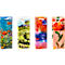 Quatre sacs cadeaux pour bouteilles de vin avec différents motifs : coquelicots, paysage, abstrait et floral.