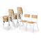 Several chairs with wooden seats and backs; some stacked.