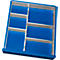 Blue drawer divider with silver dividers. It is divided into several compartments.