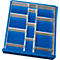 Blue, rectangular construction with silver struts forming compartments.
