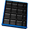 Black drawer with square compartments, surrounded by a blue frame.