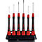 Schroevendraaierset in een houder. Zwarte handvatten met rode uiteinden, zilveren uiteinden die omhoog steken. Op elke handgreep staat "Wiha".