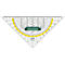 Transparent protractor with yellow angles and green holder, printed LINE X DENMARK 2621 QH.