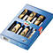 Beitelset in blauwe doos. Houten handvatten met kersenlogo, messen in sleuven.