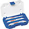 Blauwe plastic doos met witte zaagbladen; doos met Lenox Power Blast-letters.