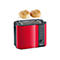 Roter Severin Toaster mit Brötchenaufsatz und zwei aufgebackenen Brötchen vor weißem Hintergrund.