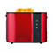 Roter Severin Toaster mit einer golden gebräunten Brotscheibe vor weißem Hintergrund.