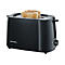 Schwarzer Severin Toaster mit zwei gebräunten Brotscheiben vor weißem Hintergrund.