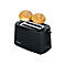 Schwarzer Severin-Toaster mit Brötchenaufsatz und zwei goldbraunen Brötchen vor weißem Hintergrund.