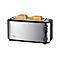 Edelstahl-Langschlitztoaster von SEVERIN mit zwei goldbraun getoasteten Brotscheiben vor weißem Hintergrund.