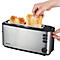 A silver toaster with two slices of toast. One hand is removing a slice, another is operating the device.