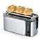 Silver long slot toaster with three rolls. Controls, silver front. Black edge and rotary control.
