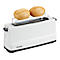 Weisser Toaster mit zwei Brötchen, Marke Severin. Das Gerät steht auf einer schwarzen Basis.