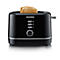 Schwarzer Toaster mit zwei Toastscheiben. Die Marke "SEVERIN" ist sichtbar. Auf der Bedienoberfläche sind Symbole und eine Bräunungsstufenregelung.