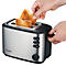Ein silberner Toaster mit herausspringenden Toastscheiben. Eine Hand entnimmt eine goldbraune Scheibe.