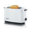 Weisser Toaster mit zwei Toastscheiben, die aus den Schlitzen ragen. Aufschrift: SEVERIN.
