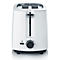 Weisser Toaster, vorne mit Drehknopf und Auswurfschiene. Der Toaster hat zwei Schlitze und steht auf einem schwarzen Sockel.