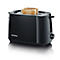 Schwarzer Toaster mit zwei Toastbrotscheiben, Marke Severin. Drehregler rechts, Logo links.