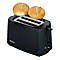 Schwarzer Toaster mit zwei Brötchen darauf. Drehregler und Markenlogo „Severin“ sichtbar.