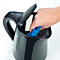 Hand cleaning the kettle, lid open. A blue cloth inside, water level indicator visible.