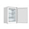 White freezer, door open. Interior with three drawers. Door with snowflake design.