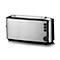 Metall Toaster auf weissem Hintergrund. Bedienknöpfe und Schlitze sind sichtbar.