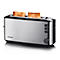 Ein silberfarbener Toaster mit zwei Toastscheiben. Auf der Vorderseite sind Knöpfe und ein Drehregler.