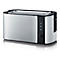 Silberfarbener Toaster mit schwarzen Bedienelementen. Das Gerät hat zwei Schlitze und einen Drehregler.