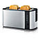Ein silberner Toaster mit vier Toastscheiben. Auf der Seite befinden sich Bedienelemente und ein Drehregler.
