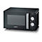 Black microwave with silver handle, knobs, and logo. Inscription: 800 & Grill.