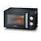 Black microwave with printed logo. Device with control knobs and silver handle.