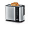 Silver toaster with two golden brown slices of bread. Control panel with rotary control and buttons, brand Severin.
