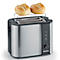 Toaster mit zwei Brötchen. Silberfarbenes Gehäuse, Bedienelemente an der Seite, Brötchenaufsatz.