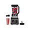 Ninja Standmixer mit gefülltem Mixbehälter, Smoothie-Becher und Klingenaufsatz auf weißem Hintergrund.