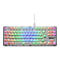 Weiße, transparente Sharkoon Gaming-Tastatur mit bunter RGB-Beleuchtung auf weißem Hintergrund.