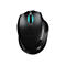 Schwarze kabellose Gaming-Maus mit leuchtendem blauem Scrollrad auf weißem Hintergrund.