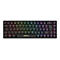 Schwarze Sharkoon Gaming-Tastatur im kompakten 60-Prozent-Layout mit bunter RGB-Beleuchtung auf weißem Hintergrund.