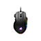 Schwarze Gaming-Maus mit RGB-Beleuchtung und beleuchtetem Logo auf weißem Hintergrund.
