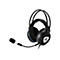 Schwarzes Gaming-Headset mit blauem Akzent, gepolstertem Bügel und abnehmbarem Mikrofon vor weißem Hintergrund.