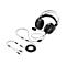Schwarzes Gaming-Headset mit Kabel, Mikrofon und beiliegenden Audio-Adaptern vor weißem Hintergrund.