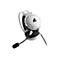 Weißes Gaming-Headset mit schwarzem Mikrofon und Kabeln vor weißem Hintergrund.