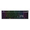 Schwarze Gaming-Tastatur mit RGB-Beleuchtung und deutschem QWERTZ-Layout vor weißem Hintergrund.