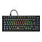 Schwarze mechanische Gaming-Tastatur mit QWERTZ-Layout und bunter RGB-Hintergrundbeleuchtung auf weißem Hintergrund.